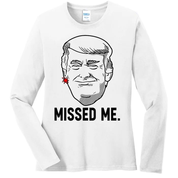 Trump Head Cartoon Bloody Ear Missed Me Funny 2024 Survivor Ladies Long Sleeve Shirt