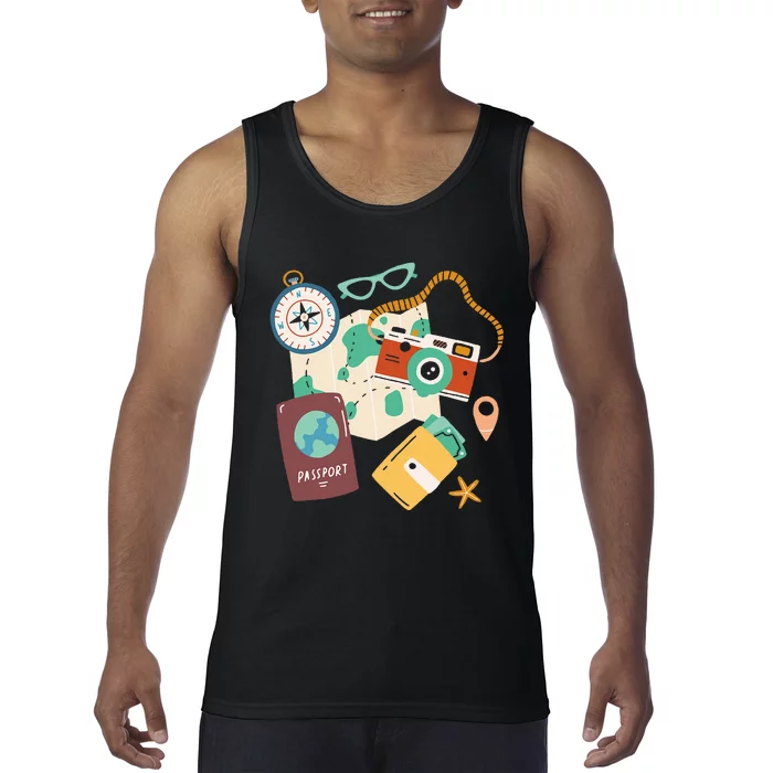 Tourist Holidays Costume Camera Passport Traveling Vacation Tank Top