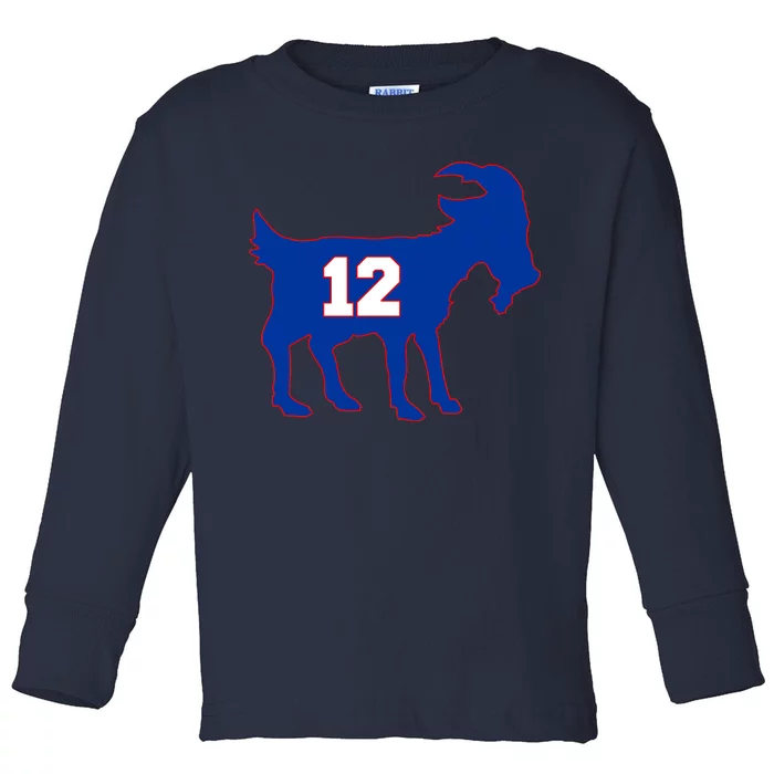 The Goat #12 New England Fan Football QB Toddler Long Sleeve Shirt