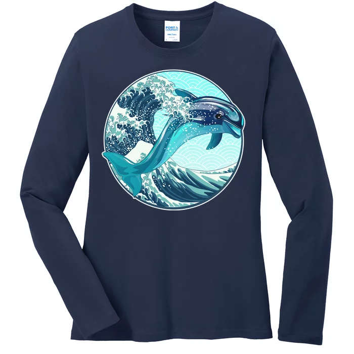 The Great Wave Dolphin Ladies Long Sleeve Shirt