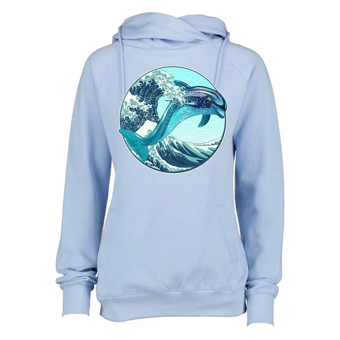 The Great Wave Dolphin Womens Funnel Neck Pullover Hood