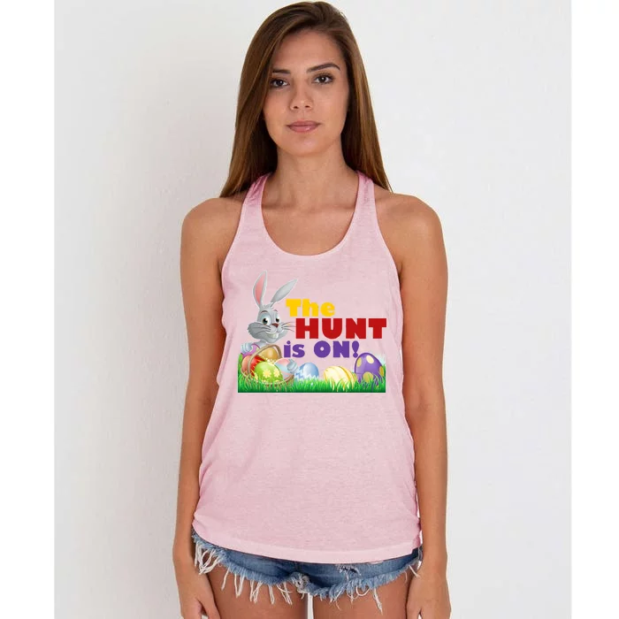 The Hunt is On! Easter Rabbit Egg Hunt Women's Knotted Racerback Tank