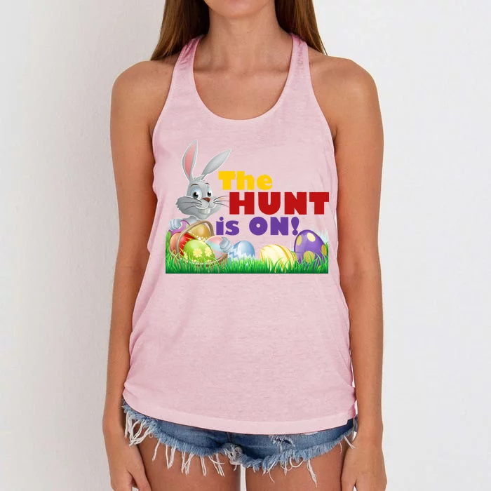 The Hunt is On! Easter Rabbit Egg Hunt Women's Knotted Racerback Tank