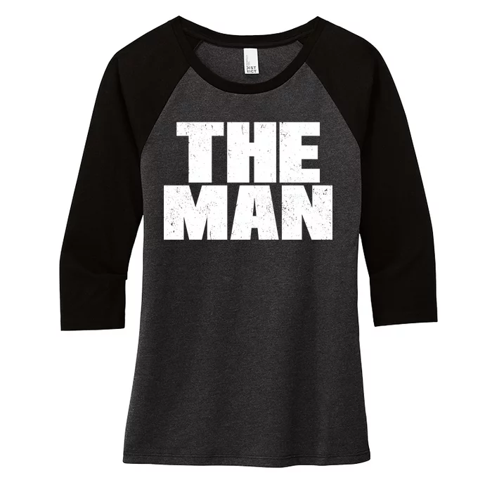 The Man Distressed Logo Women's Tri-Blend 3/4-Sleeve Raglan Shirt