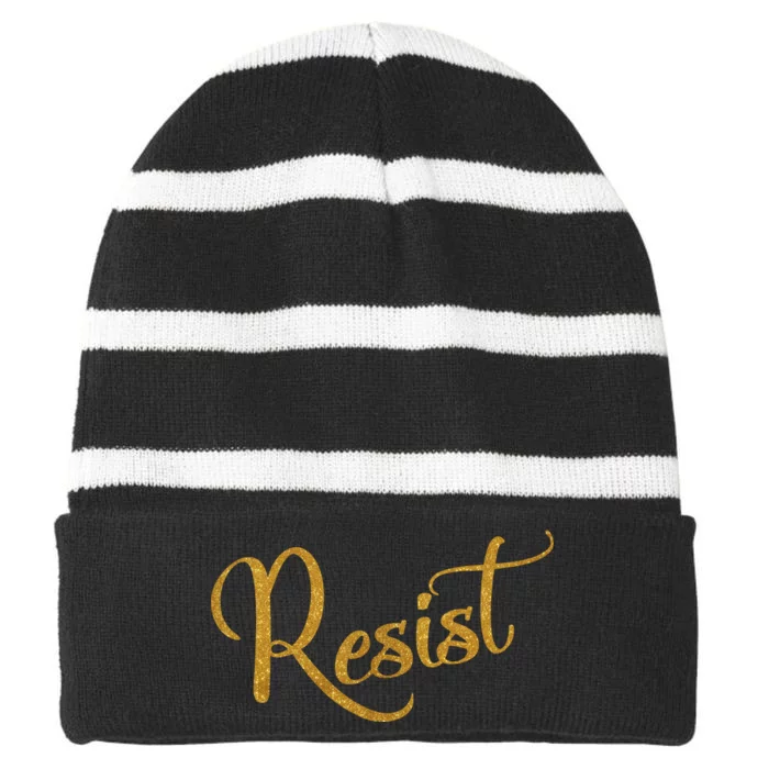 The Resistance Resist Gold Script Logo Anti-Trump Striped Beanie with Solid Band