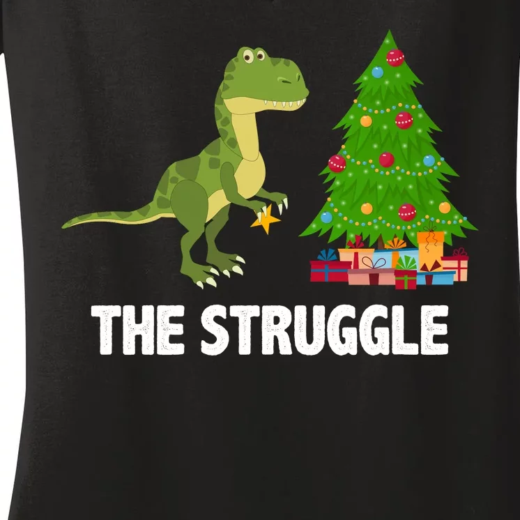 The Struggle T-rex Christmas Tree Women's V-Neck T-Shirt