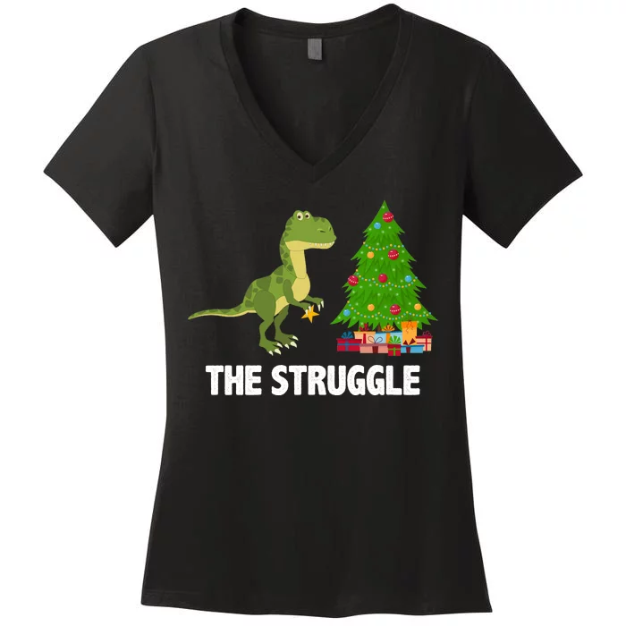 The Struggle T-rex Christmas Tree Women's V-Neck T-Shirt