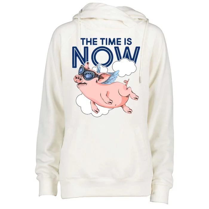 The Time Is Now Flying Pig Womens Funnel Neck Pullover Hood