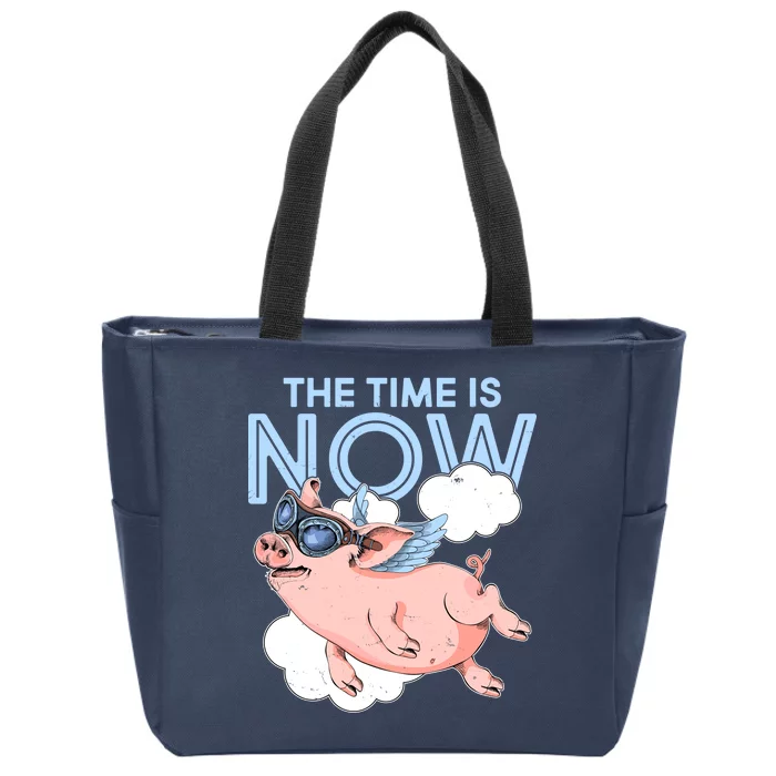 The Time Is Now Flying Pig Zip Tote Bag