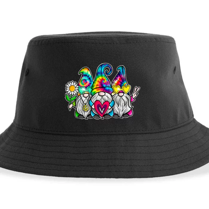 THREE HIPPIE GNOMES Groovy Retro Tie Dye Peace Love Gnomies Sustainable Bucket Hat