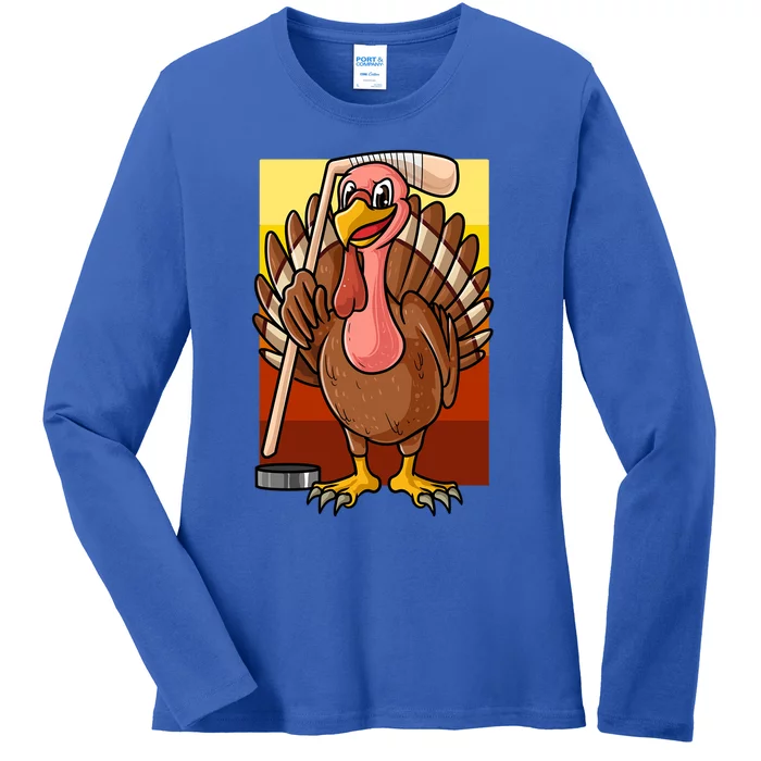 Turkey Holding Hockey Stick Love Turkey And Hockey Season Gift Ladies Long Sleeve Shirt