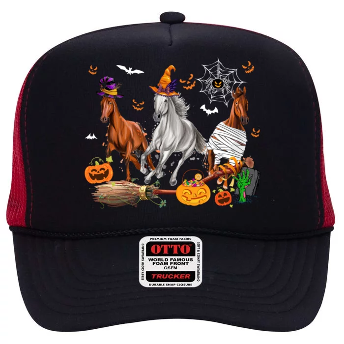 Three Horses Halloween Mummy Witch Scary Pumpkins Farmer Cute Gift High Crown Mesh Trucker Hat