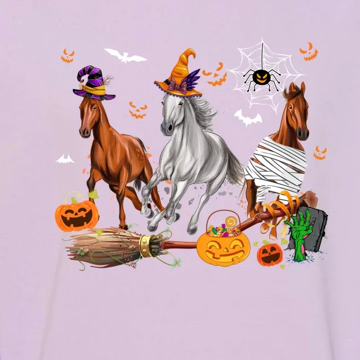 Three Horses Halloween Mummy Witch Scary Pumpkins Farmer Cute Gift Garment-Dyed Sweatshirt