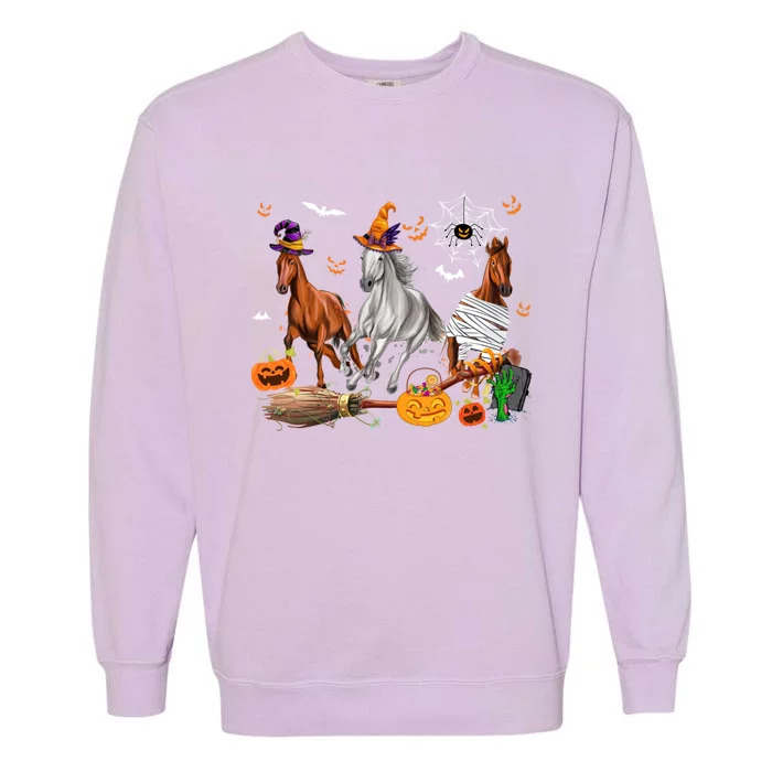 Three Horses Halloween Mummy Witch Scary Pumpkins Farmer Cute Gift Garment-Dyed Sweatshirt