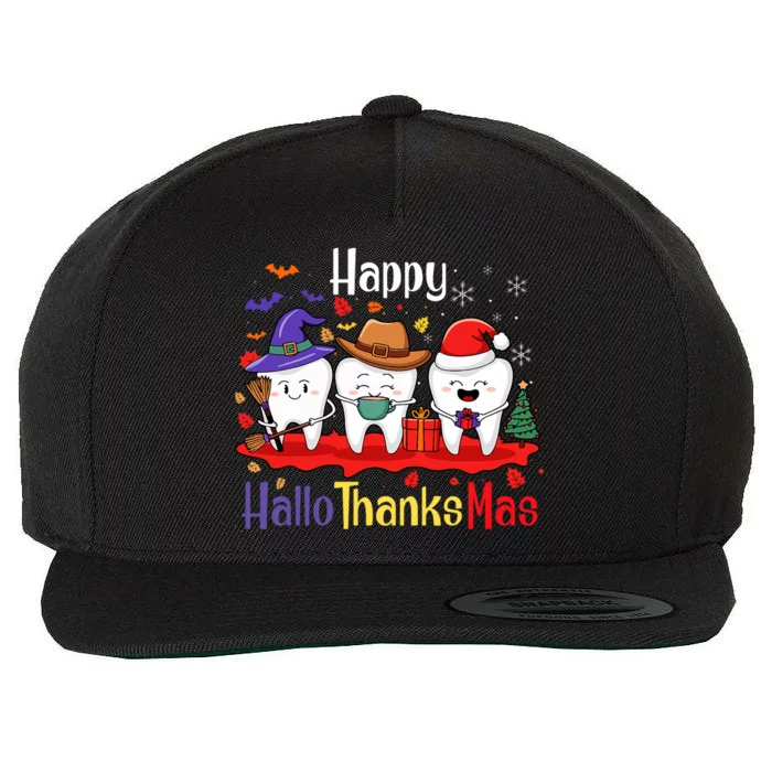 Teeth Happy Hallothanksmas Dental Halloween Merry Christmas Wool Snapback Cap