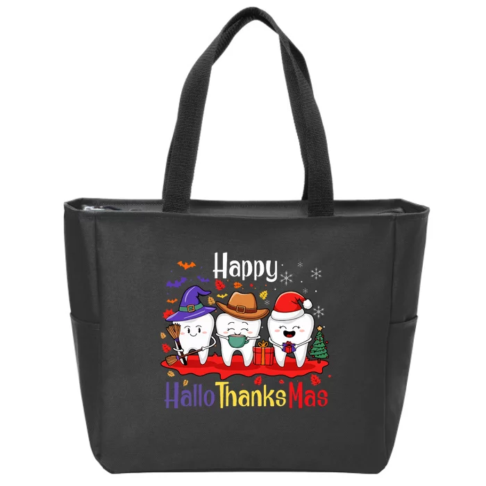 Teeth Happy Hallothanksmas Dental Halloween Merry Christmas Zip Tote Bag