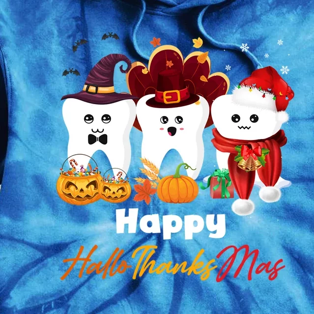 Teeth Hallothanksmas Halloween Thanksgiving Christmas Dental Gift Tie Dye Hoodie