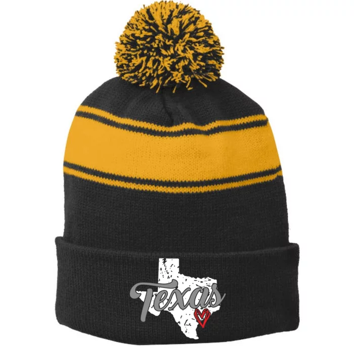 Texas Heart I Love Texas Stripe Pom Pom Beanie