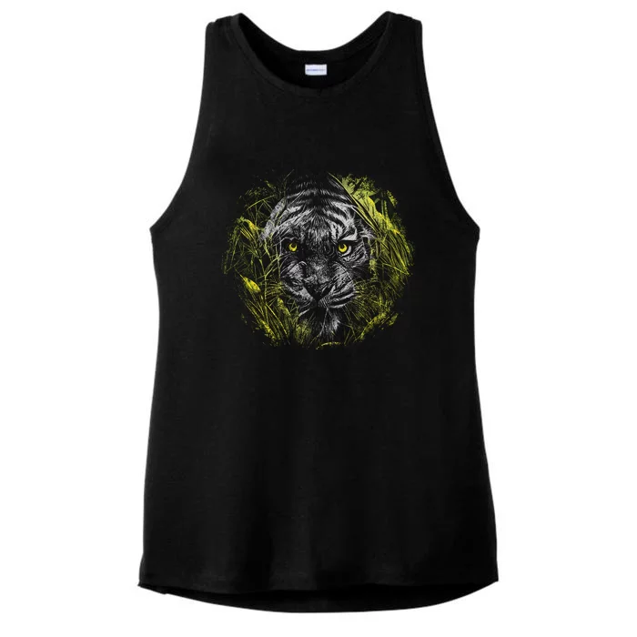 Tiger Hiding In The Grass Ladies Tri-Blend Wicking Tank