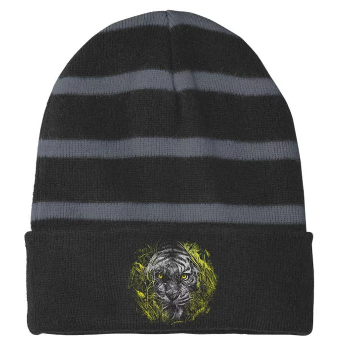 Tiger Hiding In The Grass Striped Beanie with Solid Band