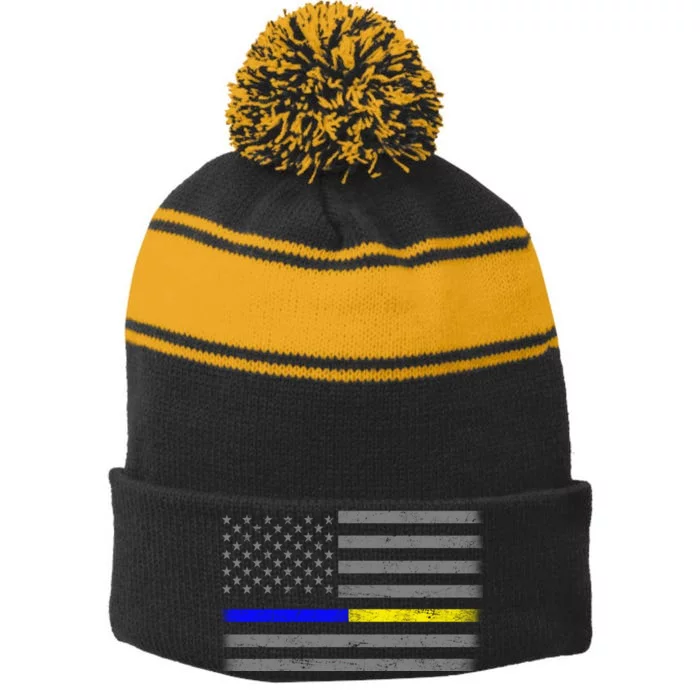 Thin Blue Gold Line Police Dispatcher Flag Stripe Pom Pom Beanie