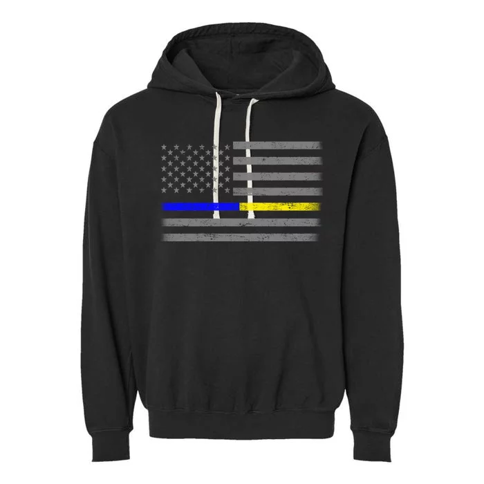 Thin Blue Gold Line Police Dispatcher Flag Garment-Dyed Fleece Hoodie