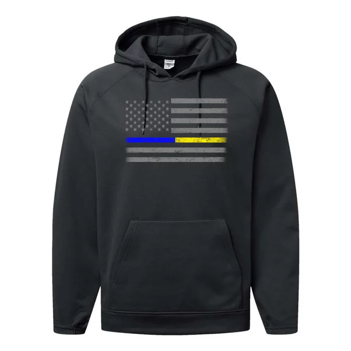 Thin Blue Gold Line Police Dispatcher Flag Performance Fleece Hoodie