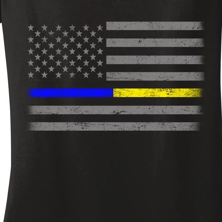 Thin Blue Gold Line Police Dispatcher Flag Women's V-Neck T-Shirt