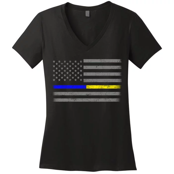 Thin Blue Gold Line Police Dispatcher Flag Women's V-Neck T-Shirt