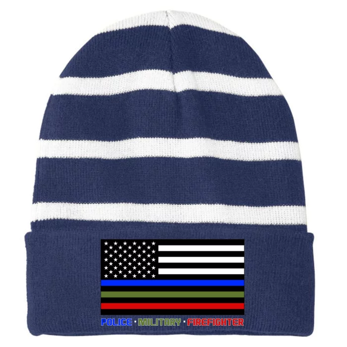 Thin Blue Green Red Lines Police Military Firefighter Striped Beanie with Solid Band