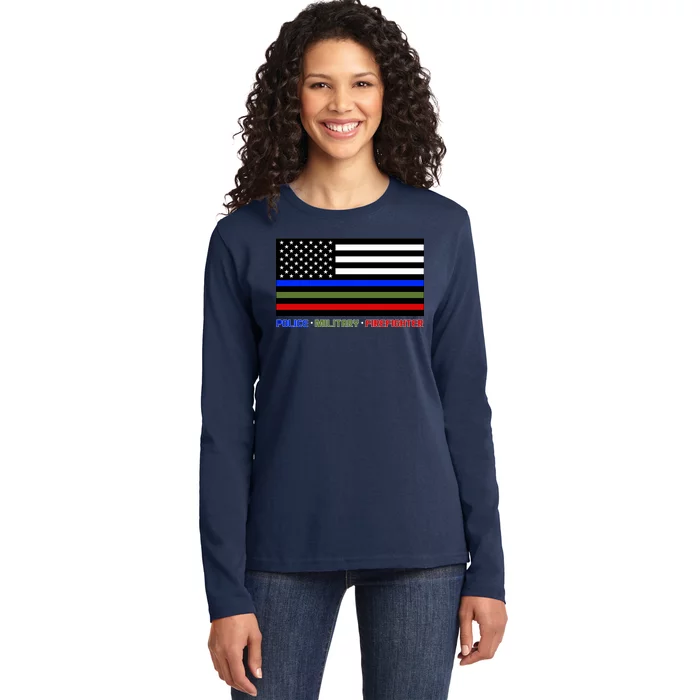 Thin Blue Green Red Lines Police Military Firefighter Ladies Long Sleeve Shirt