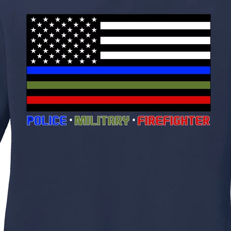 Thin Blue Green Red Lines Police Military Firefighter Ladies Long Sleeve Shirt