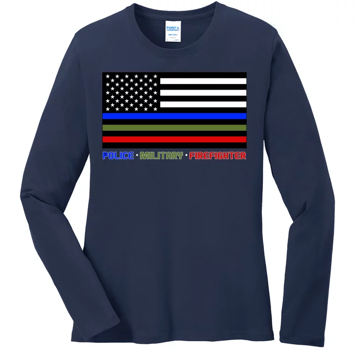 Thin Blue Green Red Lines Police Military Firefighter Ladies Long Sleeve Shirt