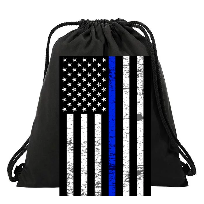 Thin Blue Line American Flag Drawstring Bag