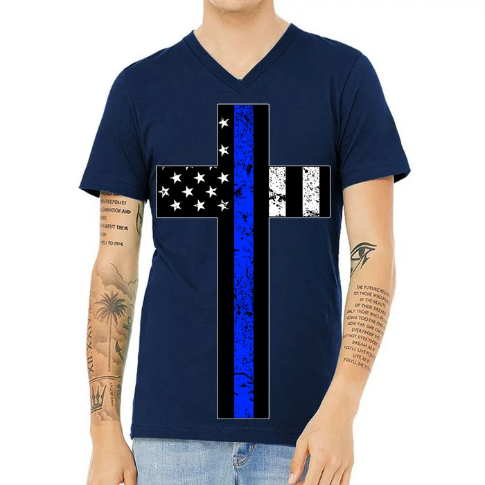 Thin Blue Line Cross Police V-Neck T-Shirt