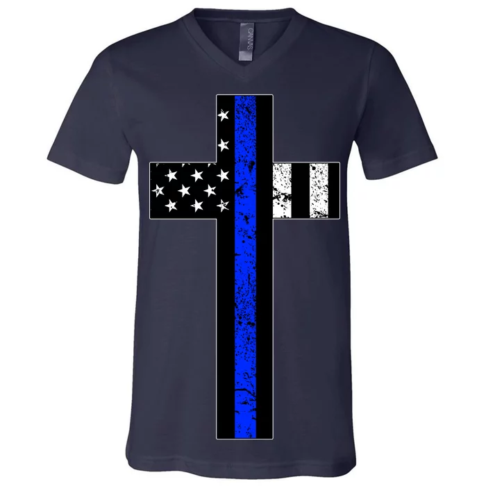 Thin Blue Line Cross Police V-Neck T-Shirt