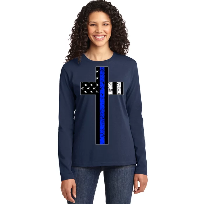 Thin Blue Line Cross Police Ladies Long Sleeve Shirt