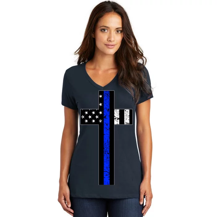 Thin Blue Line Cross Police Women's V-Neck T-Shirt