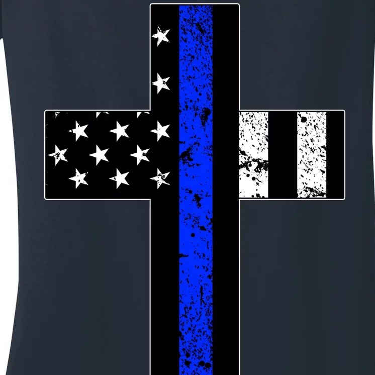 Thin Blue Line Cross Police Women's V-Neck T-Shirt