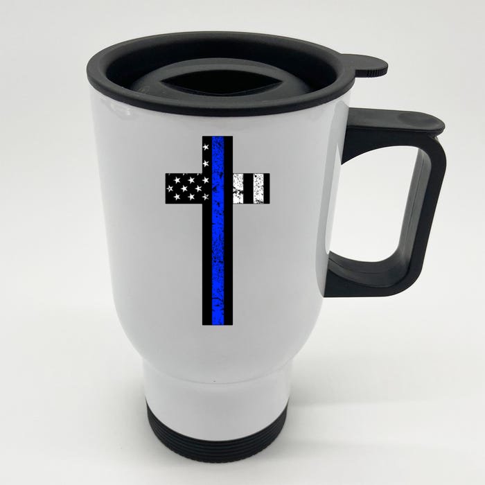 Thin Blue Line Cross Police Front & Back Stainless Steel Travel Mug