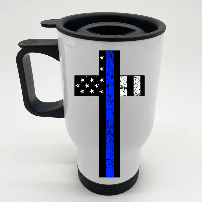 Thin Blue Line Cross Police Front & Back Stainless Steel Travel Mug