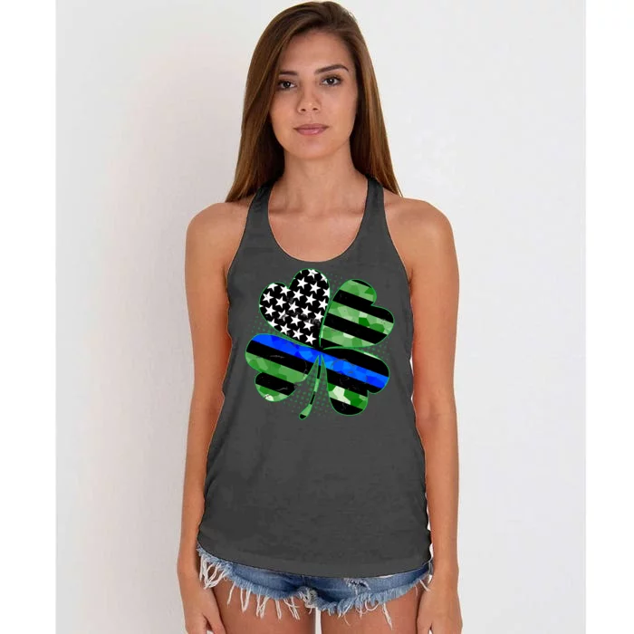 Thin Blue Line St Patrick's Day Irish Clover Women's Knotted Racerback Tank