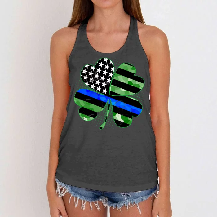 Thin Blue Line St Patrick's Day Irish Clover Women's Knotted Racerback Tank