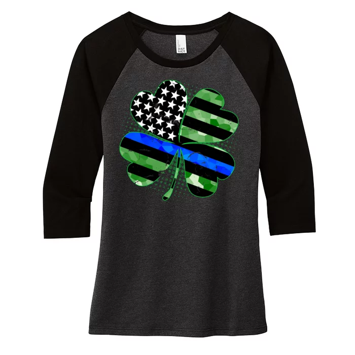 Thin Blue Line St Patrick's Day Irish Clover Women's Tri-Blend 3/4-Sleeve Raglan Shirt