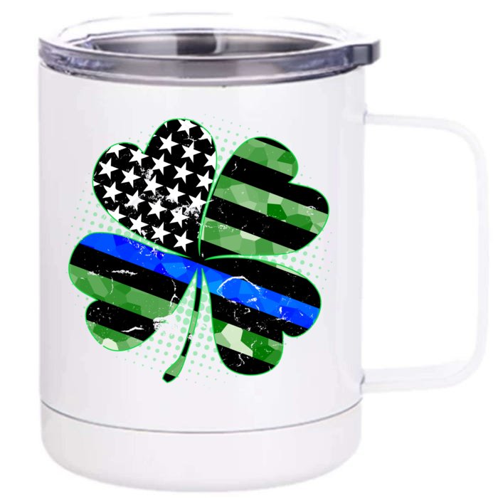 Thin Blue Line St Patrick's Day Irish Clover Front & Back 12oz Stainless Steel Tumbler Cup