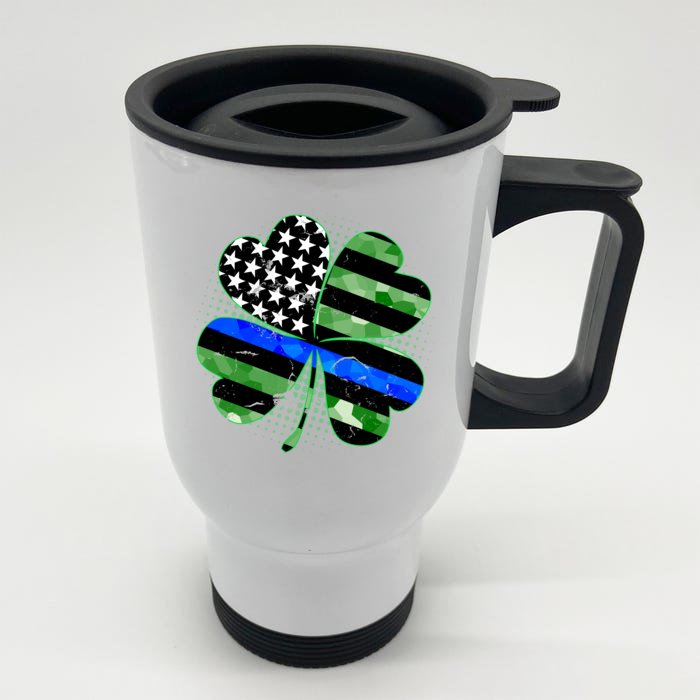 Thin Blue Line St Patrick's Day Irish Clover Front & Back Stainless Steel Travel Mug