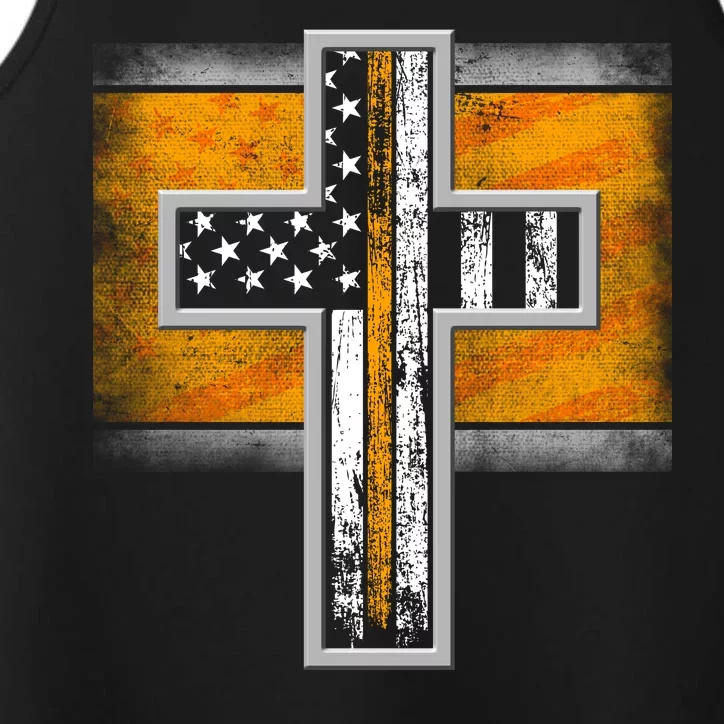 Thin Gold Line Cross Flag Support Front line Workers Performance Tank