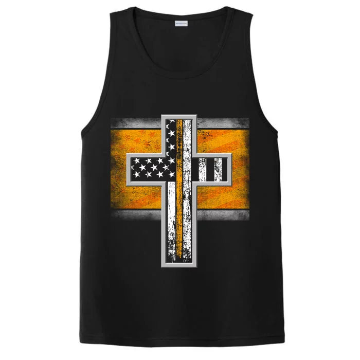 Thin Gold Line Cross Flag Support Front line Workers Performance Tank