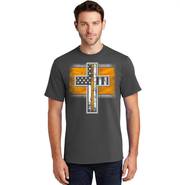 Thin Gold Line Cross Flag Support Front line Workers Tall T-Shirt