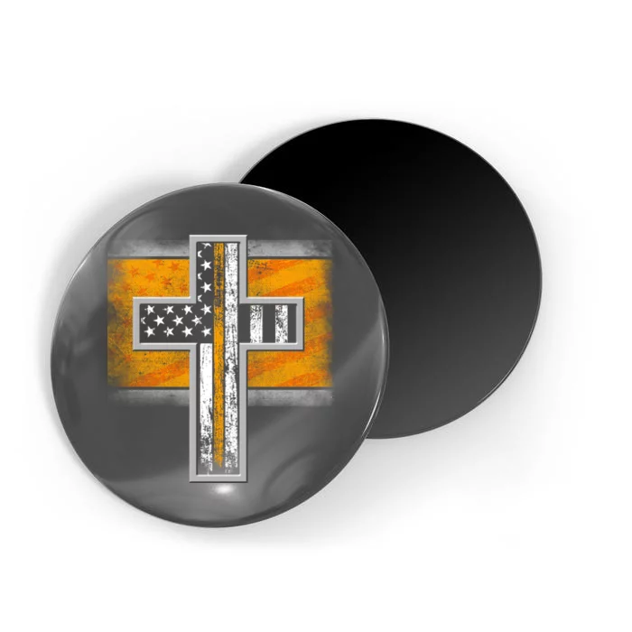 Thin Gold Line Cross Flag Support Front line Workers Magnet